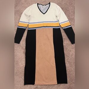 Elegant V-Neck Long Sleeve Dress - Black, Yellow, Tan